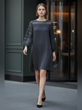 LOFT Navy Blue Sheer Yoke Tiered Ribbon Sleeve Shift Dress | M